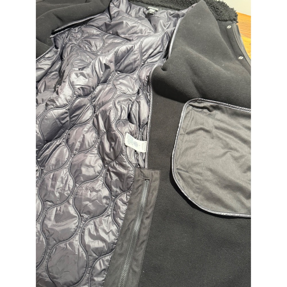 Athleta Fleece Hybrid Coat Black Sherpa Nylon Quilted Longline Funnel Neck Large - Picture 12 of 15